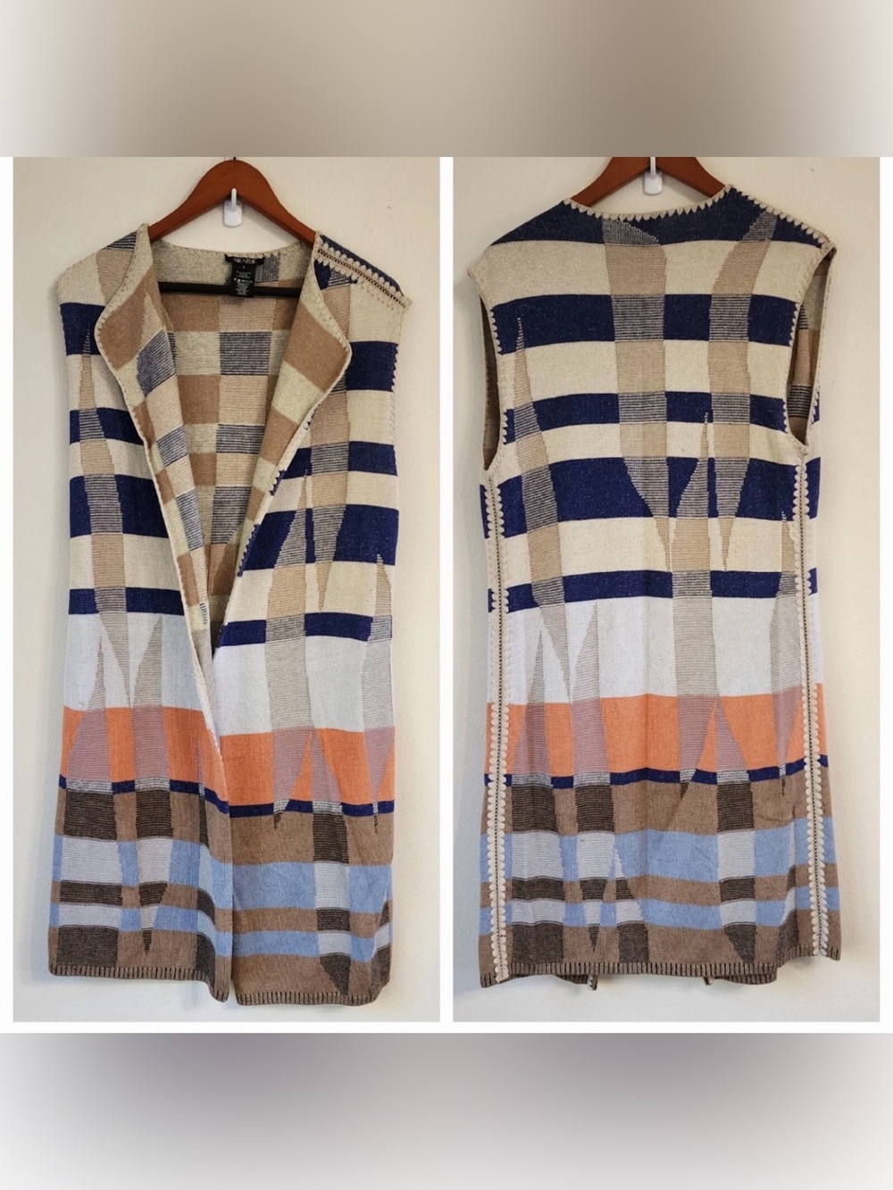 Nic & Zoe Open Front Duster Cardigan Vest Boho Stripes Lagenlook M